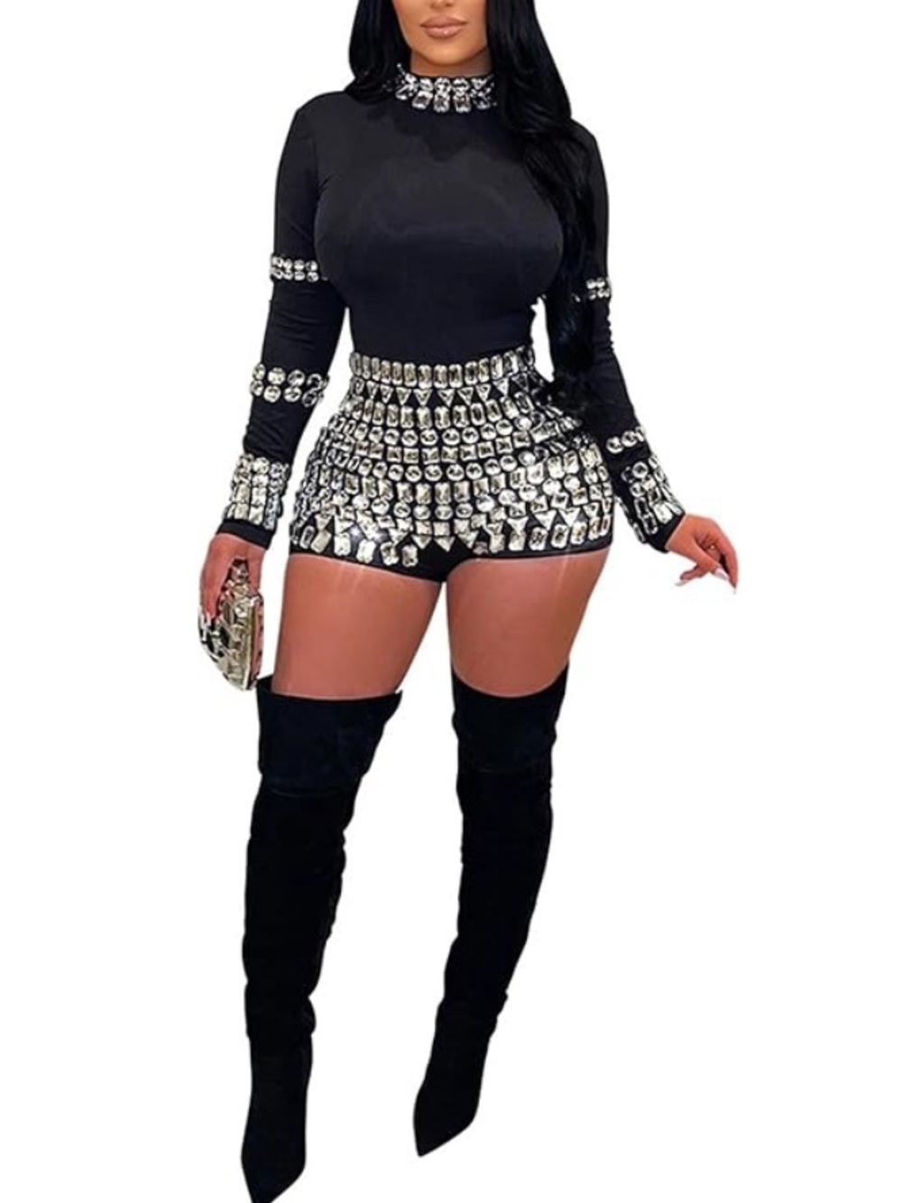 Black Long Sleeve Jeweled Romper with Silver Embellishments
